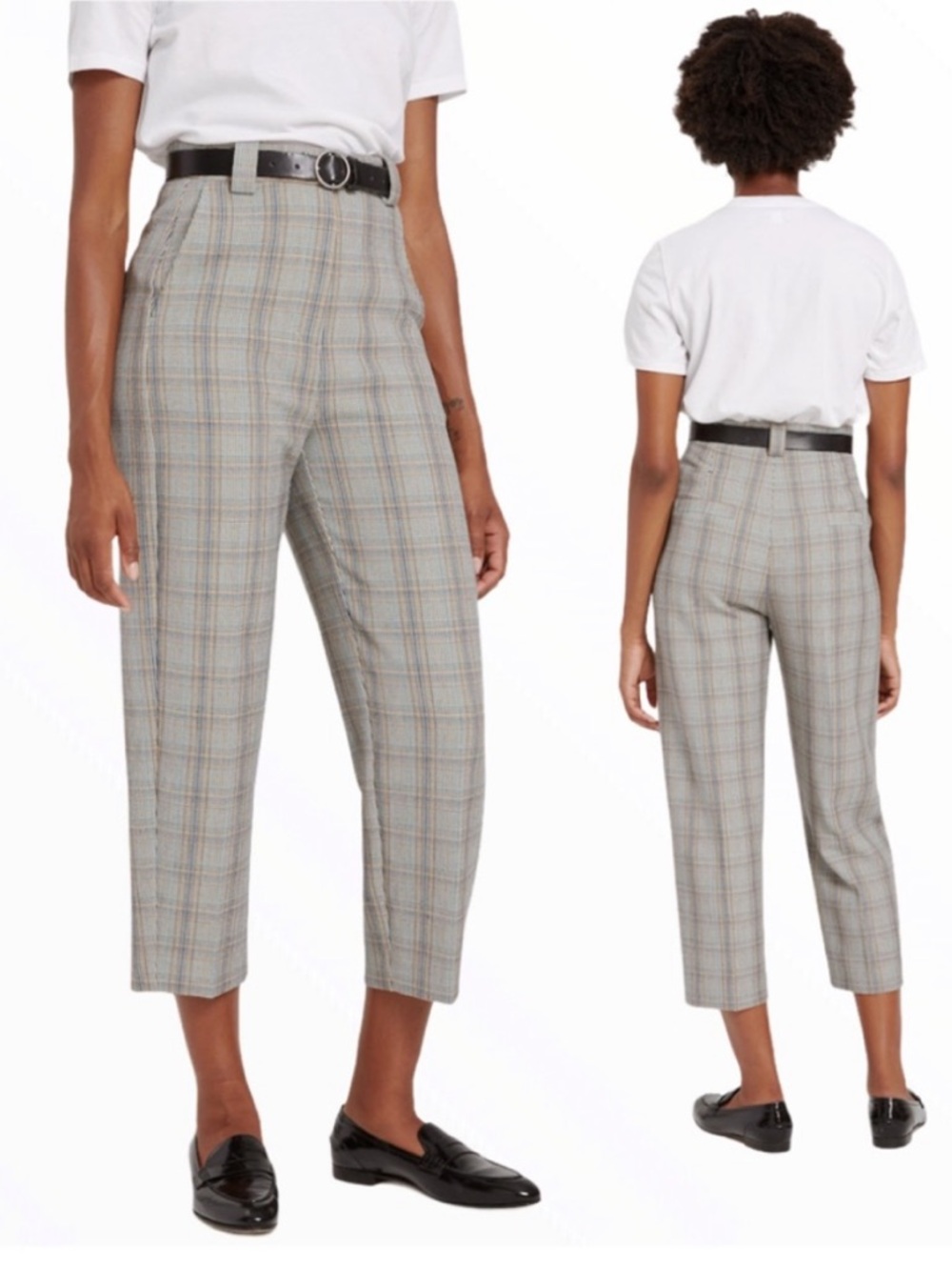 Frank & Oak Plaid High-Rise Straight Leg Crop Pants in Gray
